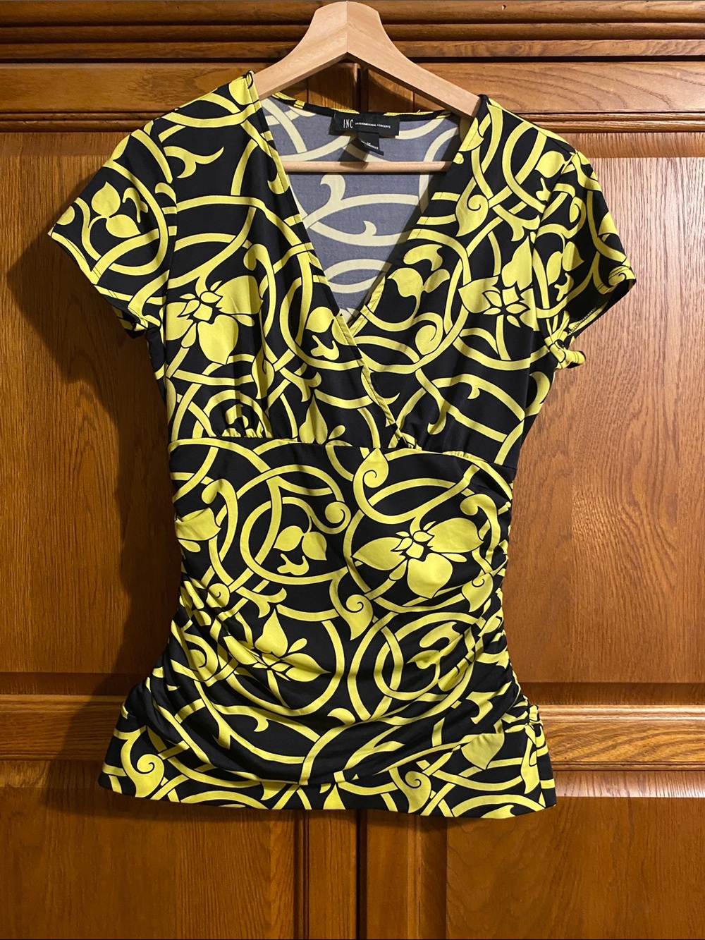 INC International Concepts Black and Yellow Floral Scroll Wrap Top